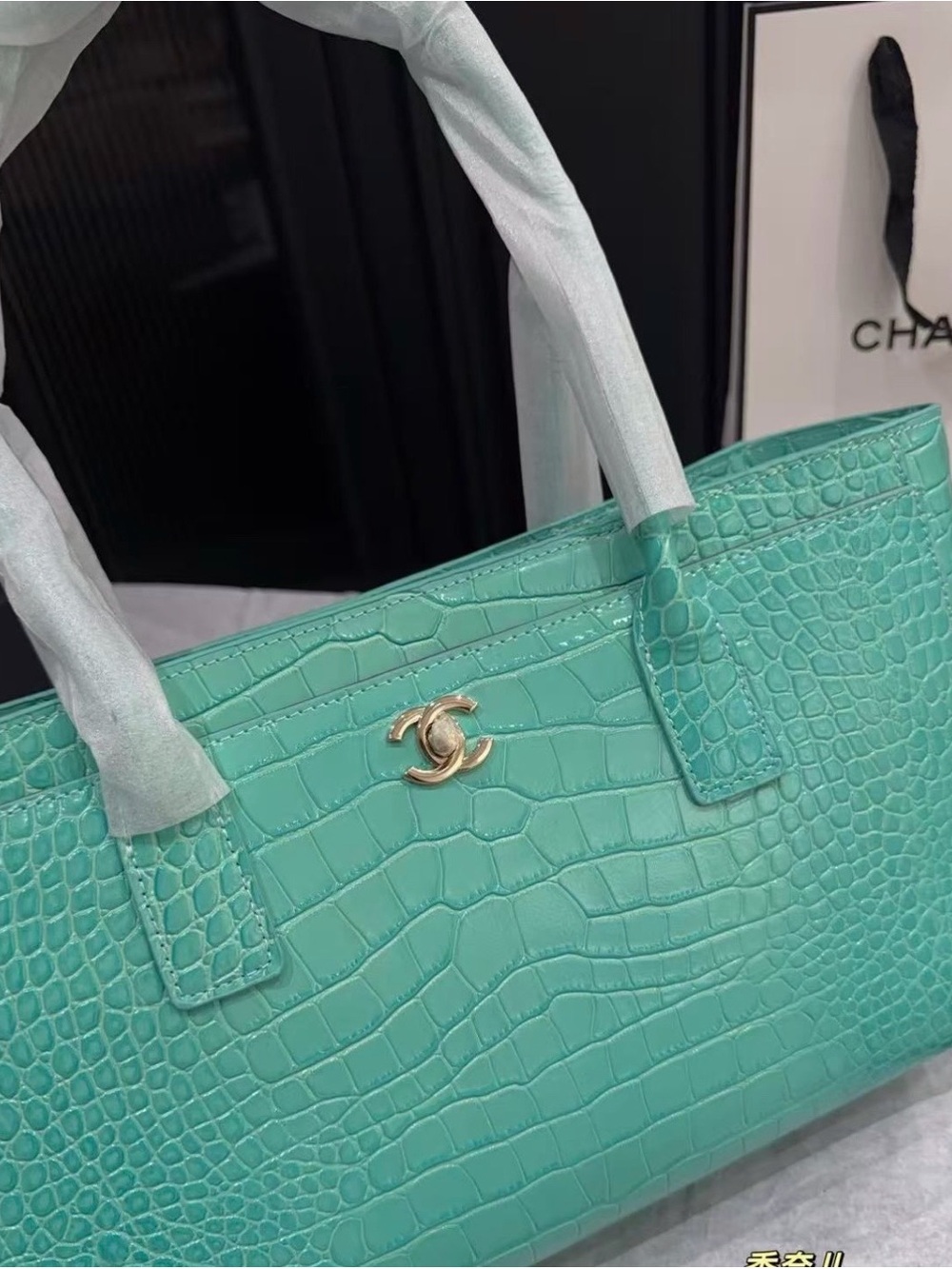 Chanel Croc-Embossed Mint Green Leather Tote with Gold CC